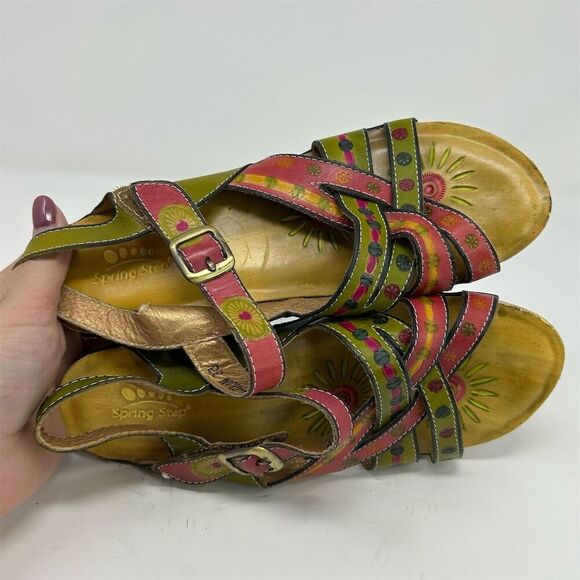Spring Step L'Artiste Green and Pink Floral Strappy Slingback Sandals Size 38 - Picture 11 of 13